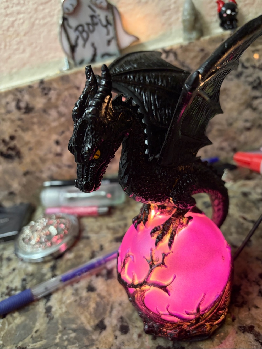 Black Dragon Lantern with Pink Glowing Orb
